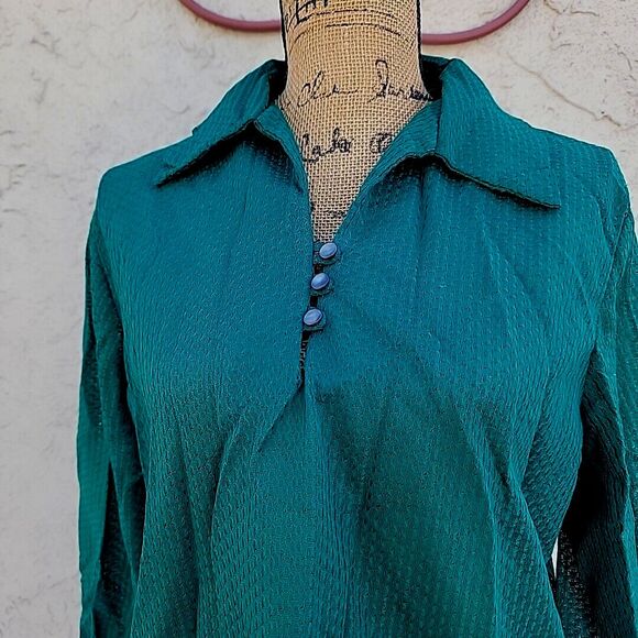 NOS Vintage 70s Green Polyester Long Sleeve Shirt Blouse, Waffle Weave, L - Picture 4 of 6